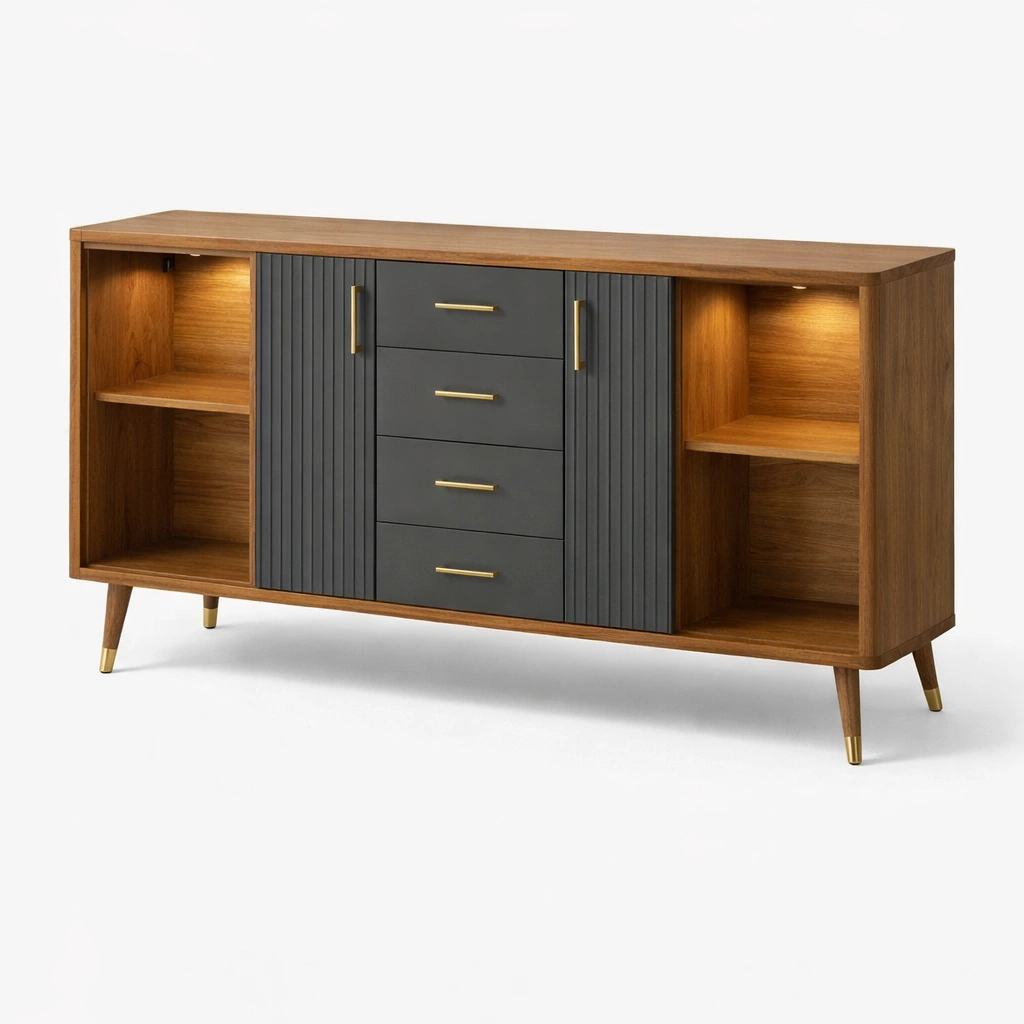 Sideboard mit offenen Faechern und Schubladen Dunkelgrau-kenvorio